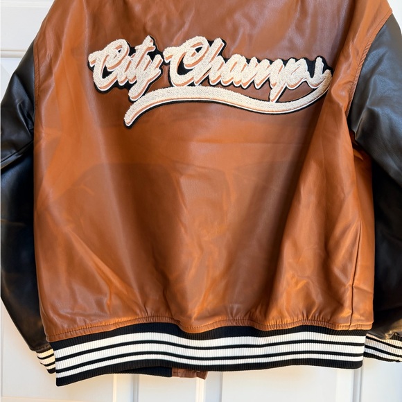 Faux-Leather Varsity Jacket in Brown and Black with Patch Detail - Picture 4 of 13